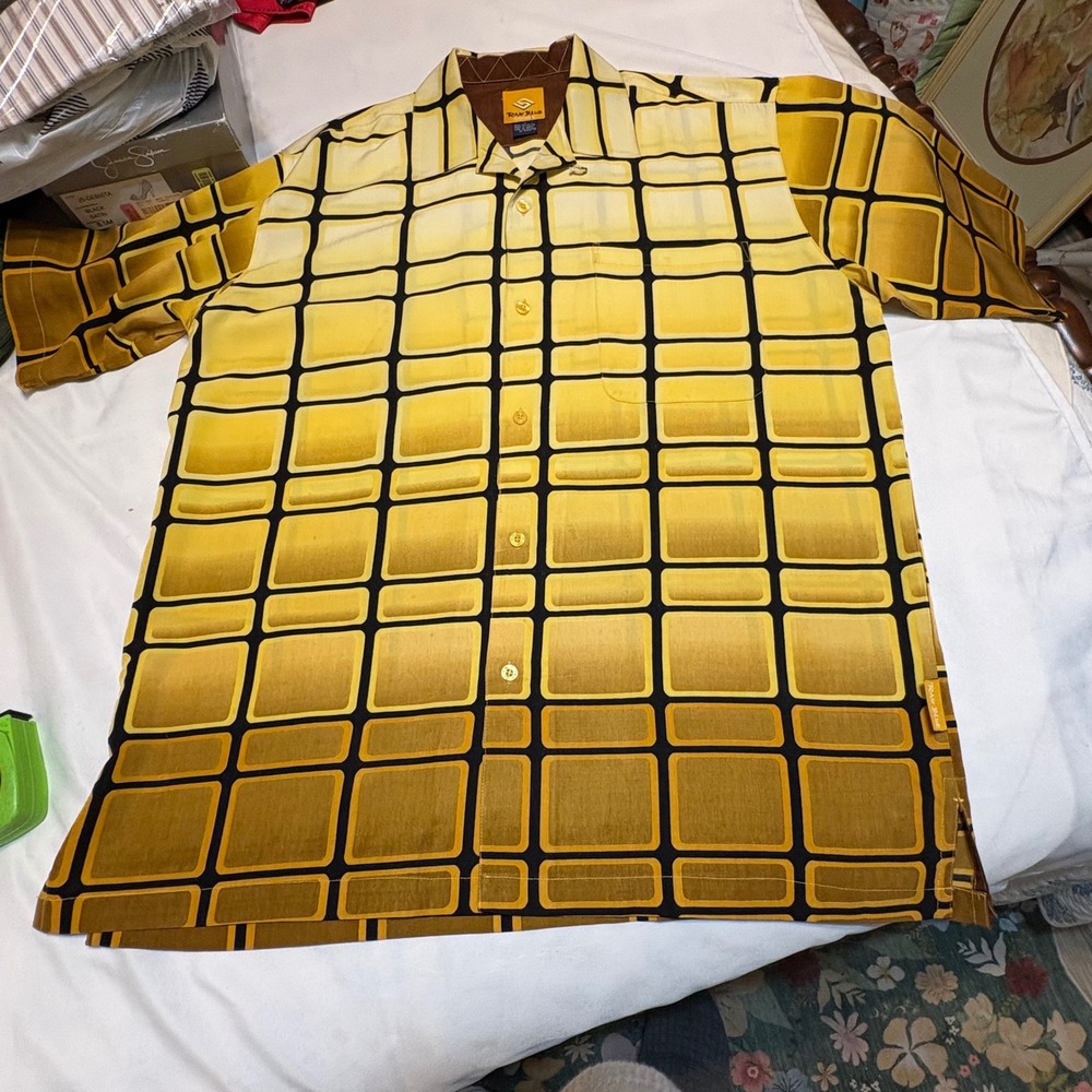Raw Blue Mens Large Yellow Brown Geometric Grid Gradient Short Sleeve Shirt